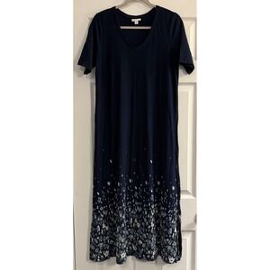 J Jill Pure Jill Maxi Tshirt Dress Sz M Blue Floral Border Modal Casual Long EUC